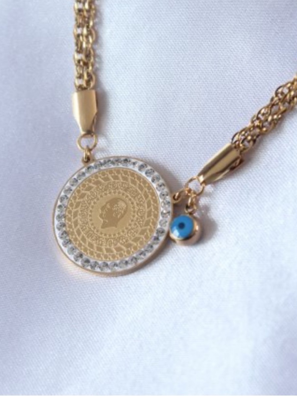 Gold Medallion Coin Necklace Pave Diamonds Blue Evil Eye Charm  STAINLESS STEEL